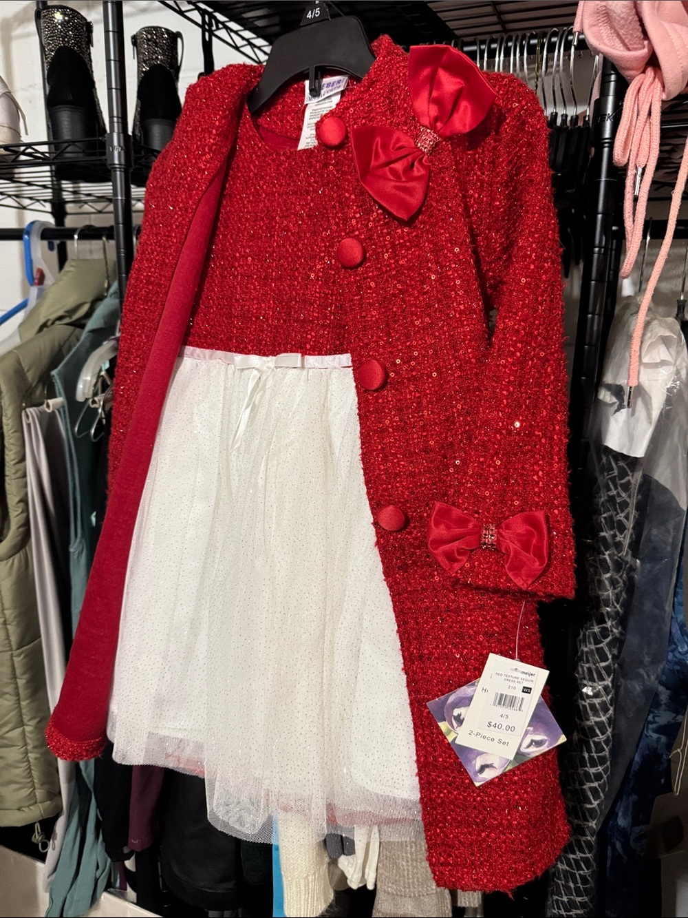 Blueberi Boulevard 4/5 T Red Sparkle Coat with White Tulle Dress